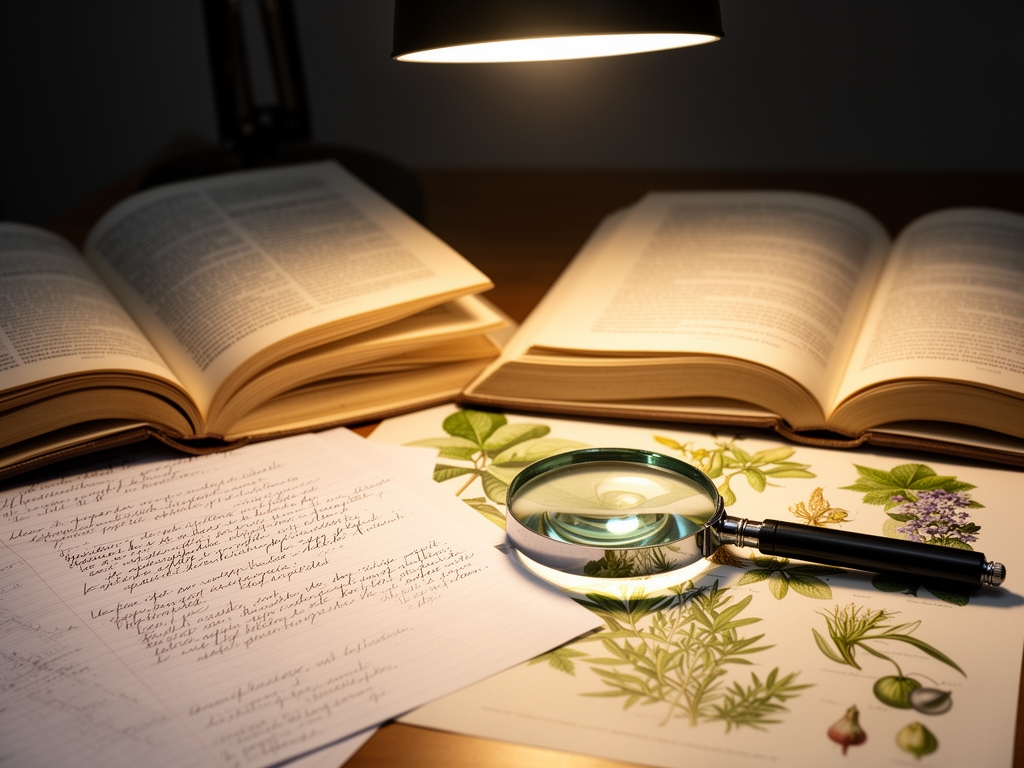 Bureau de recherche paisible avec des livres ouverts sur la nutrition, des notes manuscrites, une loupe posée sur des illustrations botaniques et une lumière de bureau chaude et focalisée, évoquant la quête de savoir et la diligence intellectuelle