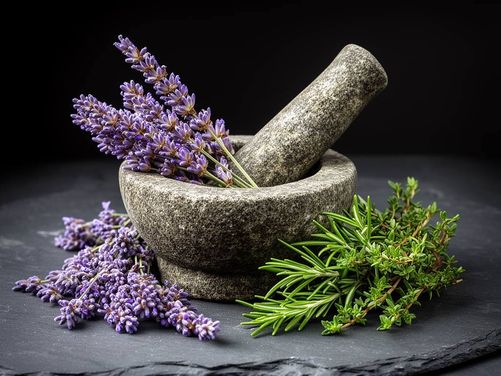 Mortier et pilon en pierre avec des herbes séchées aromatiques — lavande, romarin et thym — sur une surface en ardoise dans un éclairage studio dramatique