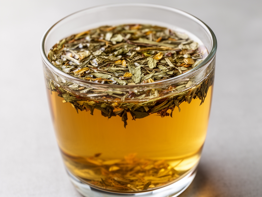Tisane dorée dans un verre transparent avec des herbes séchées flottant dans l'eau chaude, photographiée en macro avec une mise au point sélective et une lumière ambrée chaleureuse