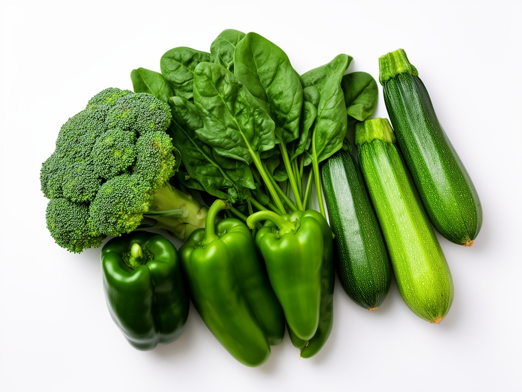 Composition de légumes verts frais — brocoli, épinards, poivrons verts et courgettes — sur fond blanc, photographiés en vue du dessus avec un éclairage naturel diffus